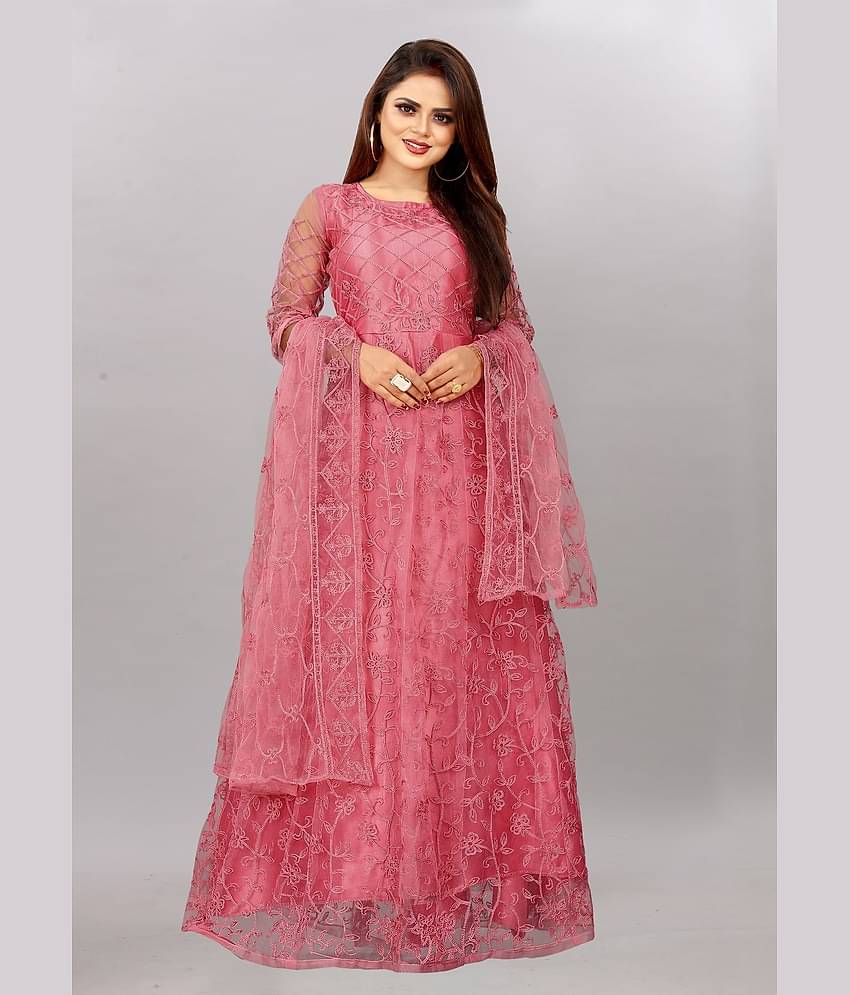 JULEE - Peach Flared Net Women's Semi Stitched Ethnic Gown ( Pack of 1 )