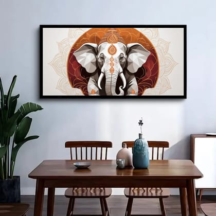 Luminary Mandala Majesty – Geometric Elephant Museum-Quality Cotton Canvas Art for Dining Area Décor | Frame Size (127 X 69 Cm) | Frame Type (Black) | 5-Year Warranty