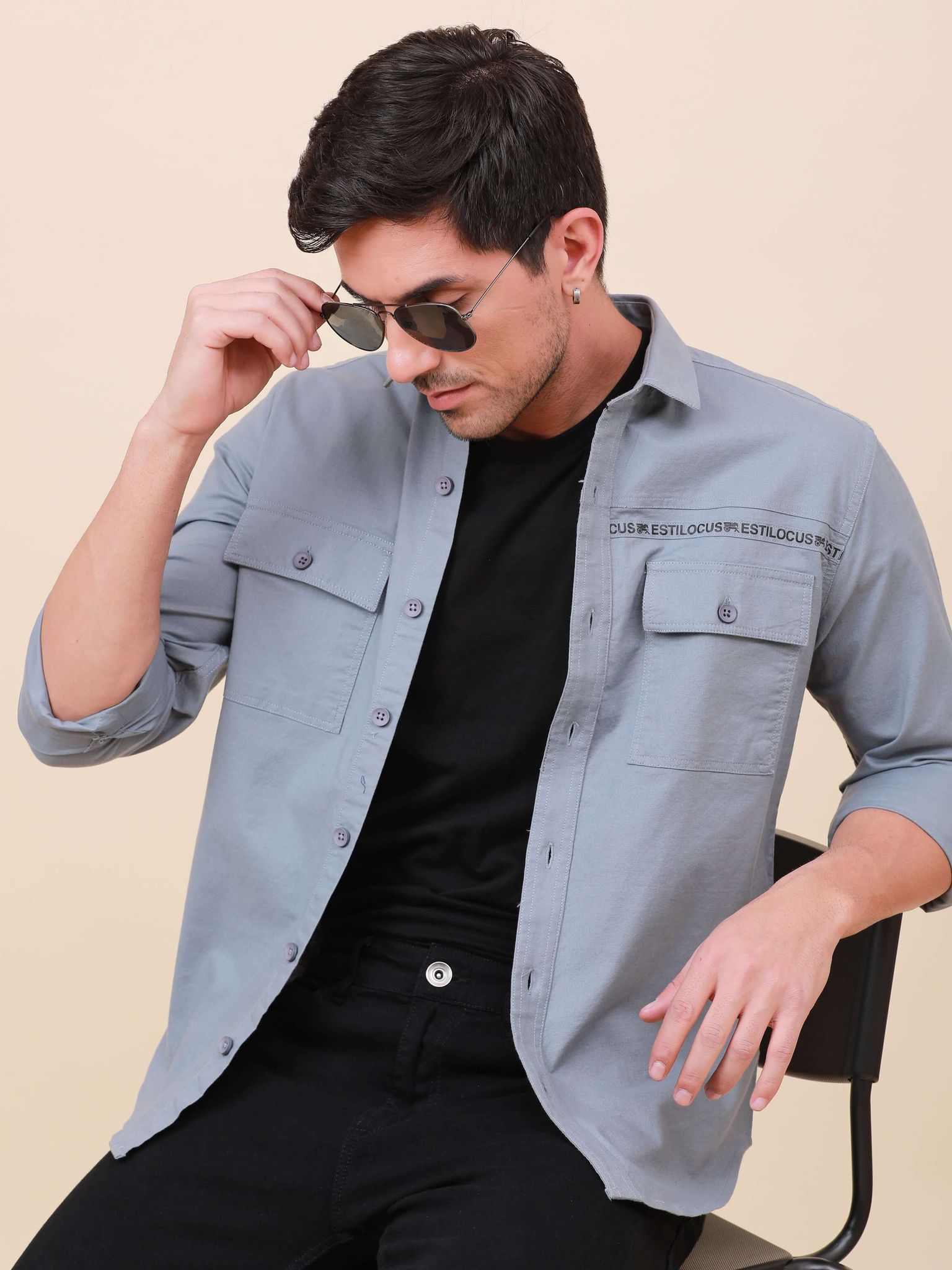 Grey Solid Double Pocket Shirt-S