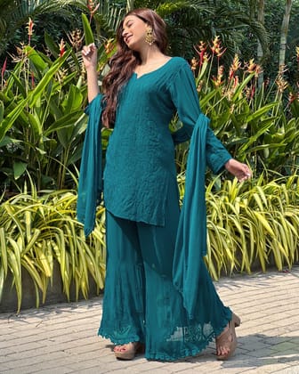 Green Floral Lucknowi Embroidered Georgette Sharara Suit-M-38