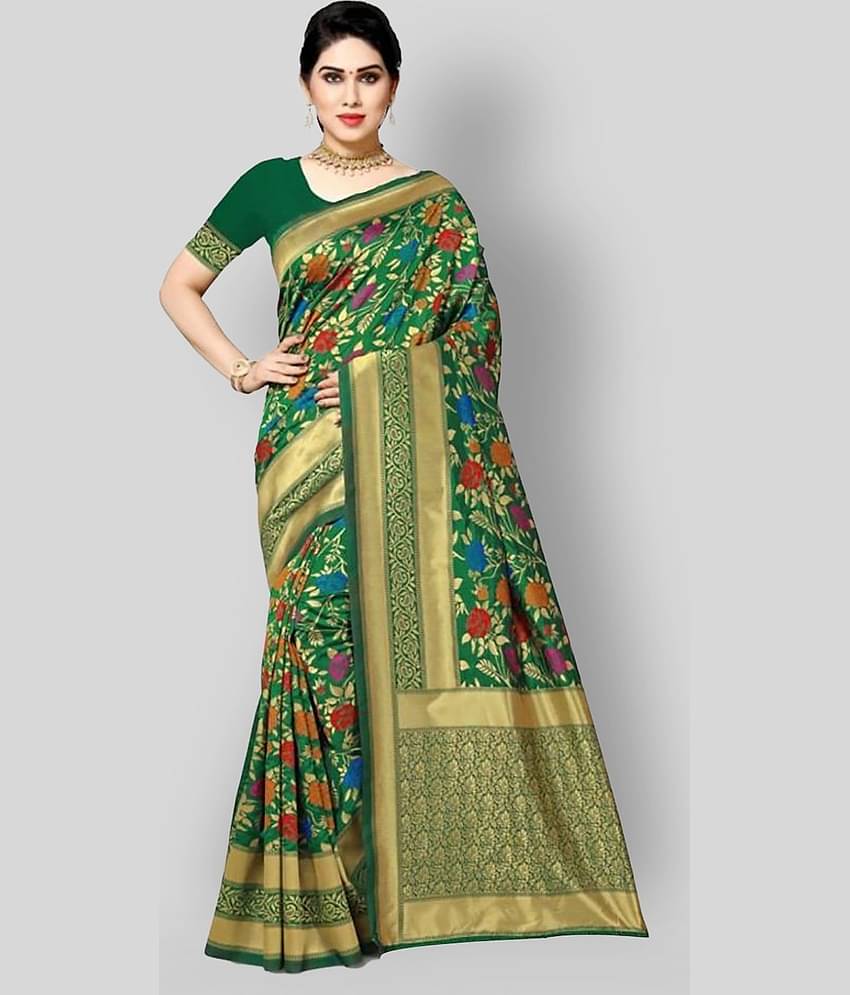 NENCY FASHION Banarasi Silk Printed Saree With Unstitched Blouse Piece ( Green )