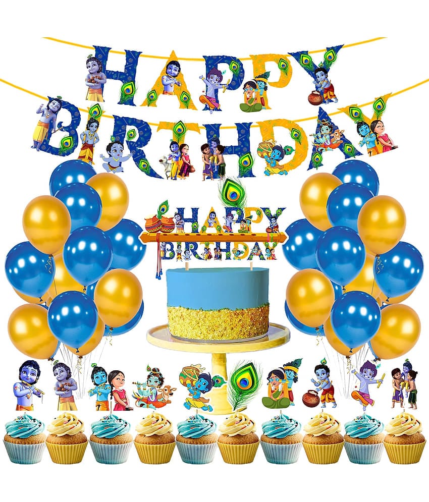 Zyozi 37 pcs Little Krishna Theme Party Decorations, Birthday Party Supplies Includes Happy Birthday Banner, CakeTopper, Cupcake Toppers, Balloons for Kids Birthday Party Supplies