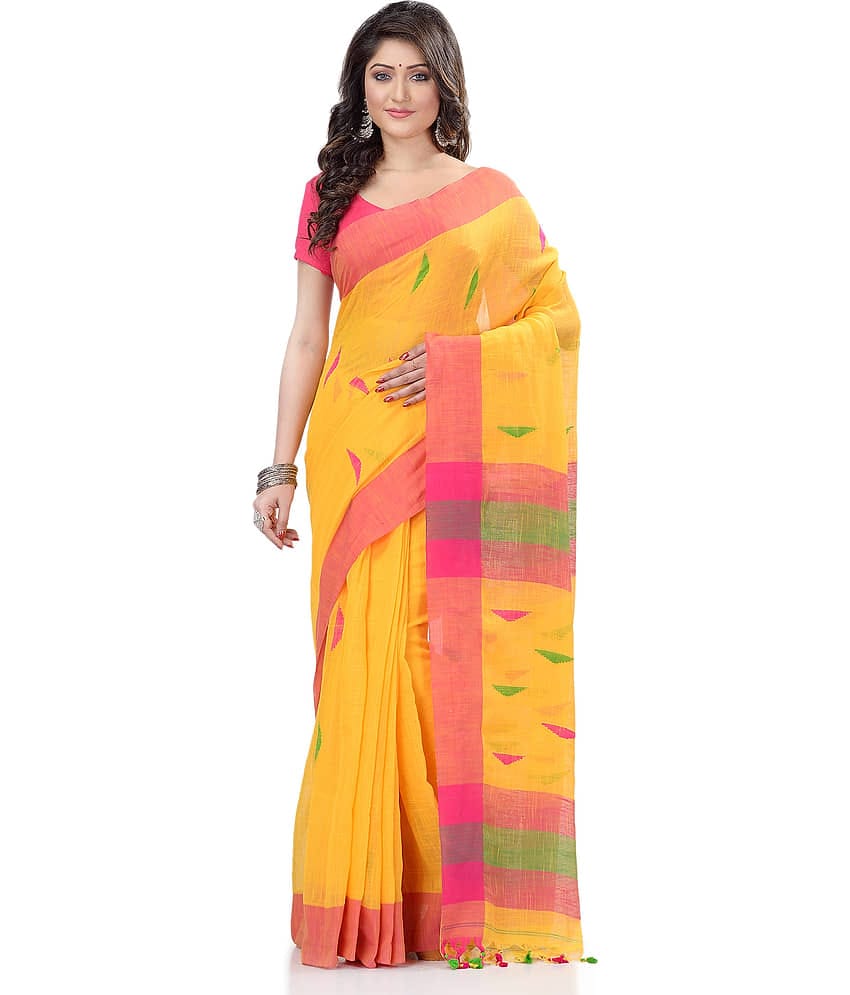 Desh Bidesh Cotton Self Design Saree With Unstitched Blouse Piece ( Yellow )