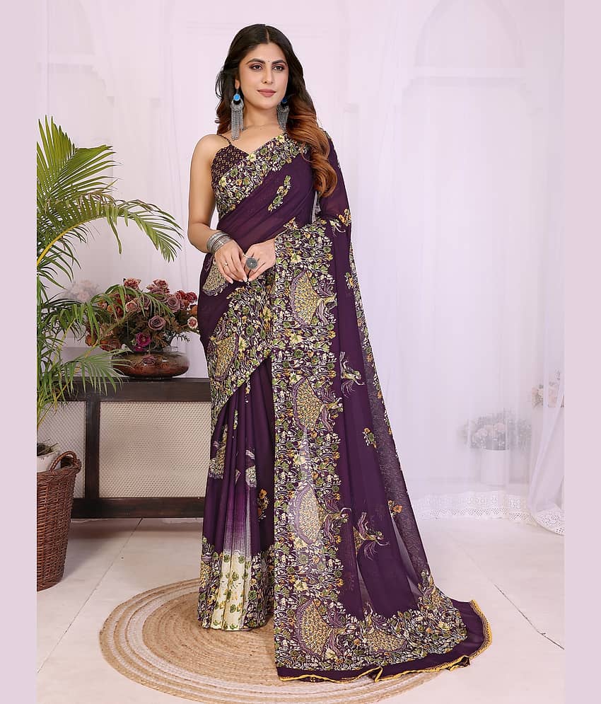 TTH Georgette Printed Regular Saree With Unstitched Blouse Piece ( Purple )