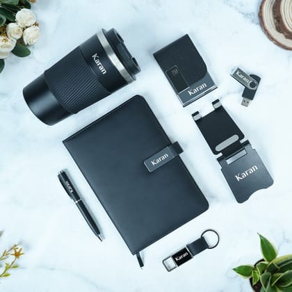 7-in-1 Customized Gift Set with Pen, Diary, Keychain, Card Holder, Mobile Stand, Pen Drive & Coffee Tumbler - Black