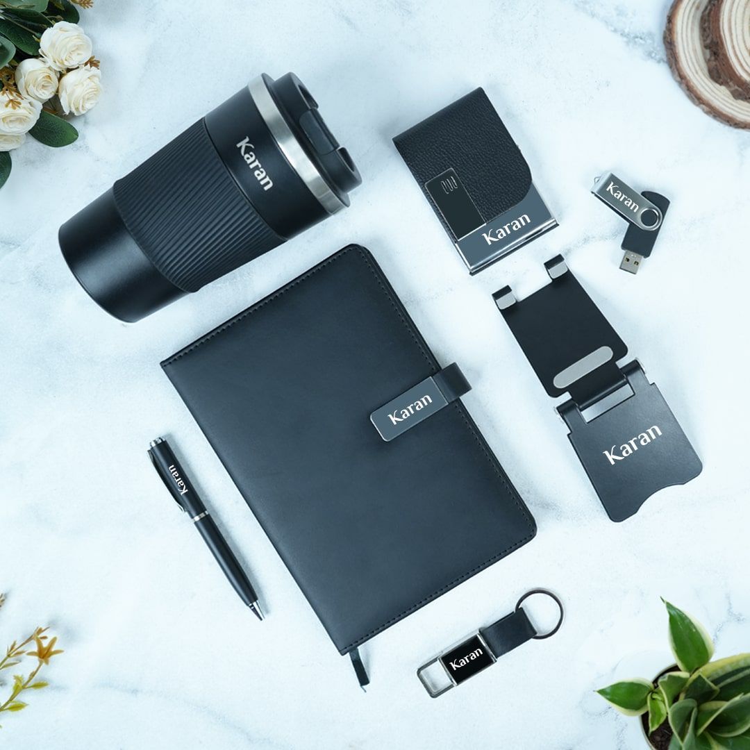 7-in-1 Customized Gift Set with Pen, Diary, Keychain, Card Holder, Mobile Stand, Pen Drive & Coffee Tumbler - Black