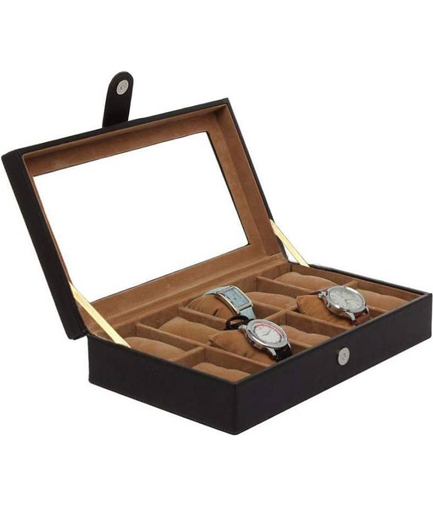Leather World 10 Compartments Black PU Leather Designer Watch Box Case with Clasp Closure