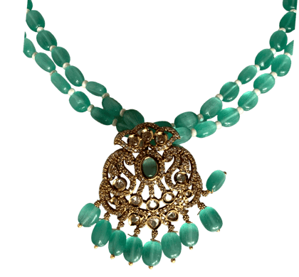 Elegant Green Beads Necklace Set with Gold Plated Pendant Chain