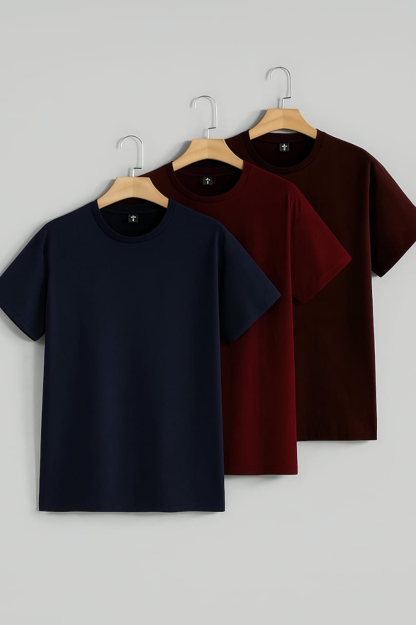 MEN AND WOMEN SOLID ROUND NECK COTTON T SHIRT 6 PCS COMBO  BLACK/NAVY BLUE/ MAROON