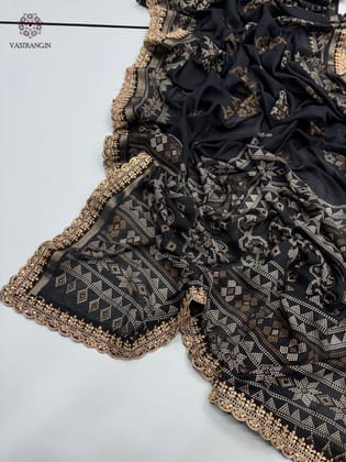 New Festive Wear Black Color Mul Cotton Print With Sequence Lace Work Fancy Designer Saree