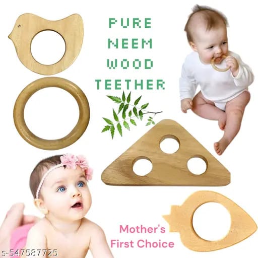 NATURAL WOODEN TEETHING SET: Includes multiple wooden teething toys in various shapes - ring, cloud, teardrop design, and spiral rattle for sensory development