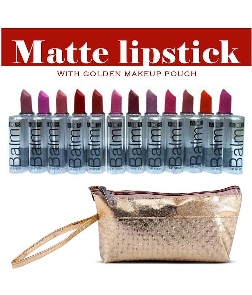 ADS Matte Pack of 12 Multicolor Lipstick & Gold Makeup Pouch Multi 195 g