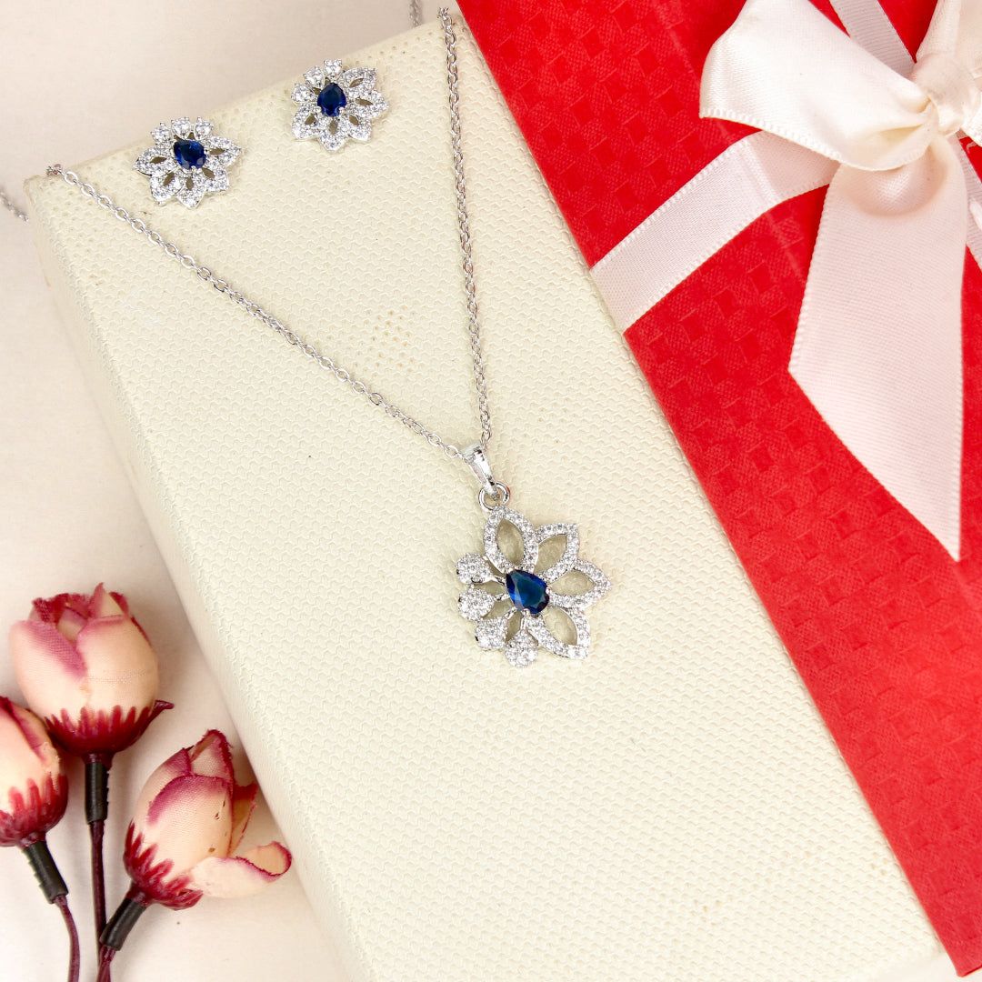 Elegance Floral Blue Stone Pendant Set - SIA446789_C