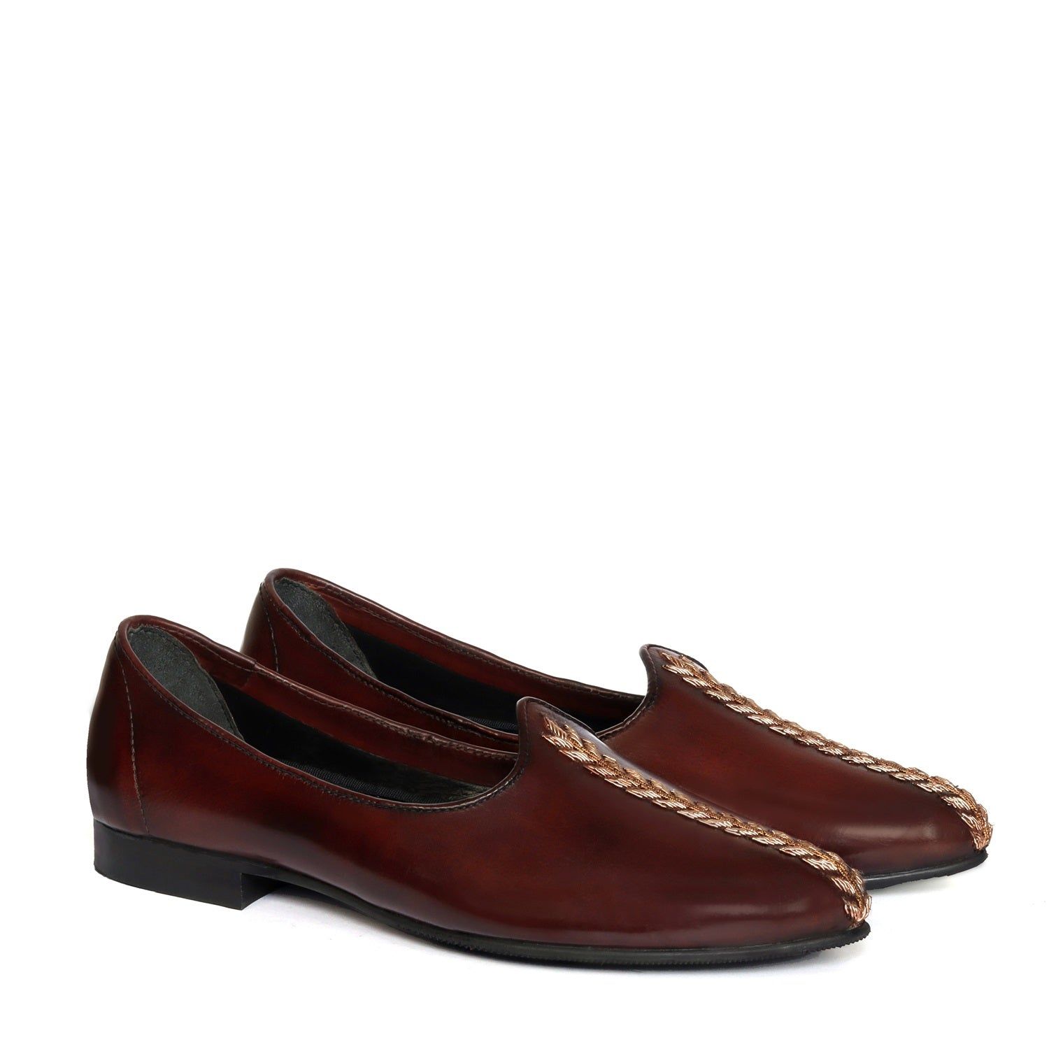 Leaves Stem Hand Zardosi Jalsa in Dark Brown Leather-40/6
