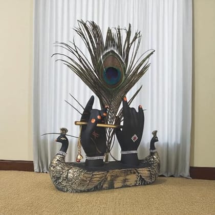 Krishna Hand with Flute & Peacock Feather Idol for Home Decor Gift, Office & Living Room, Peacock Showpiece with