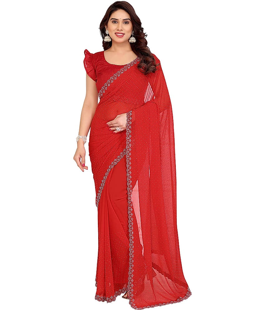 Kashvi Sarees Georgette Self Design Kasavu Saree With Unstitched Blouse Piece ( Red )