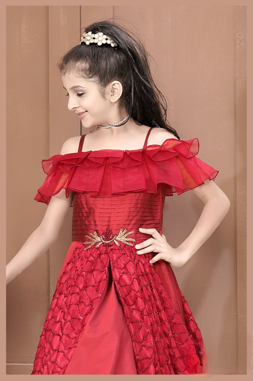 Girls Maroon Off Shoulder Stylish Fancy Long Gown-IG913 / Maroon / 16