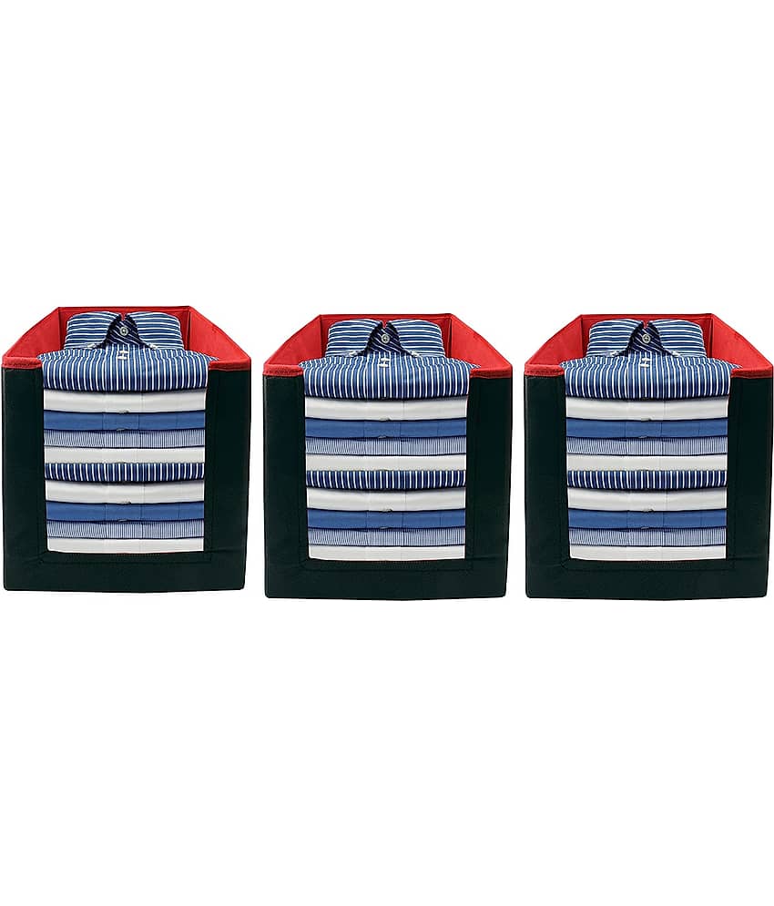 SH. NASIMA Foldable Non Woven Shirt Stacker Wardrobe Organizer With Side Handle (Pack of 3 Black Red)