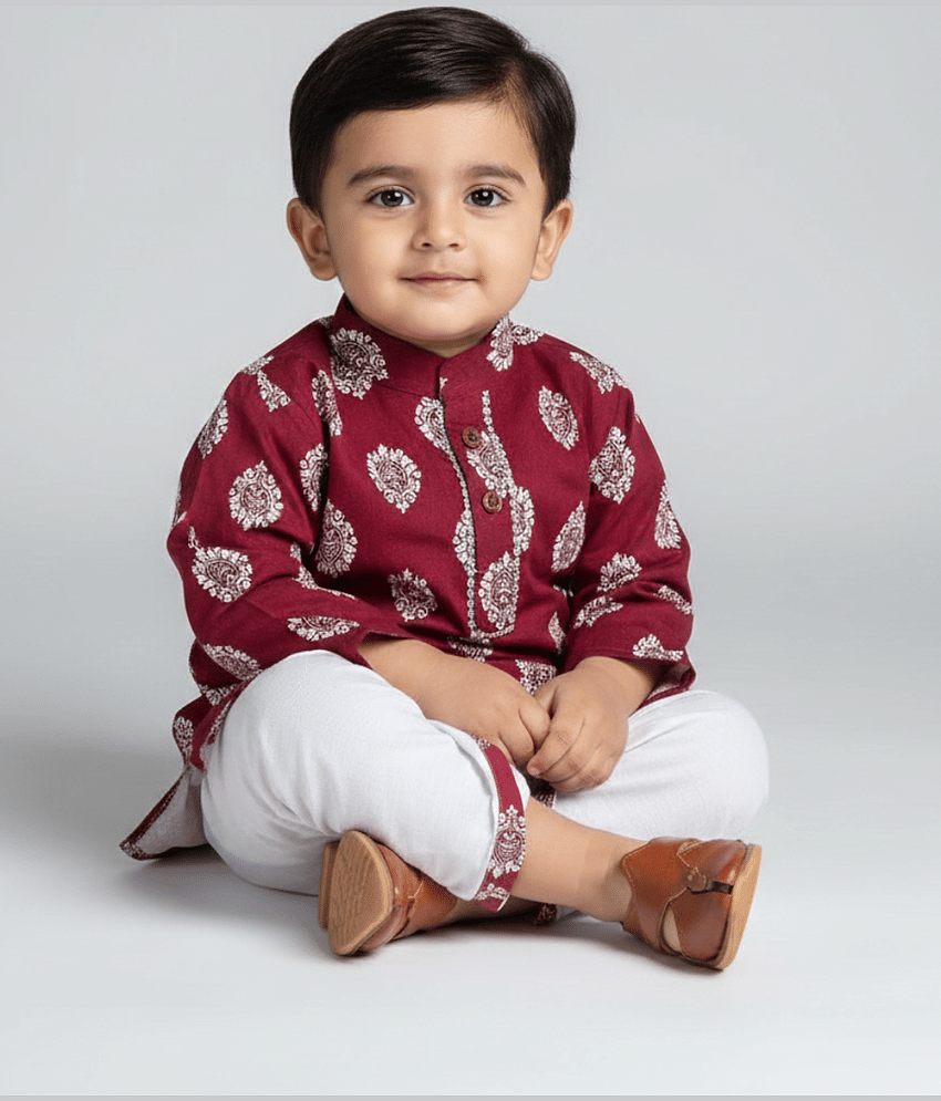 mustmom Baby Boys Rayon Maroon,White Dhoti Kurta Set ( Pack of 1 )