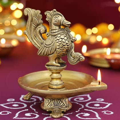 Brass Cock [Murga] Oil Lamp Deepak  - Antique Finish Puja Diya for D�cor, Height : 5.2 Inch (BSMAS1162 A)