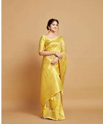 Women's Linen Printed Saree with Unstitched Blouse (Yellow, 5-6 Mtrs)