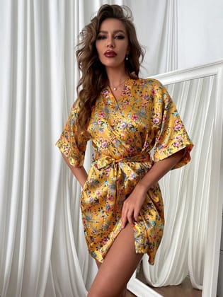 Women's Satin Floral Print Short Sleeve Belted House Robes-S