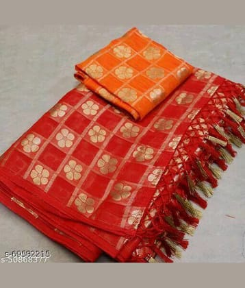 Shree Gullak Silk Jacquard Printed Saree With Unstitched Blouse Piece ( Red )