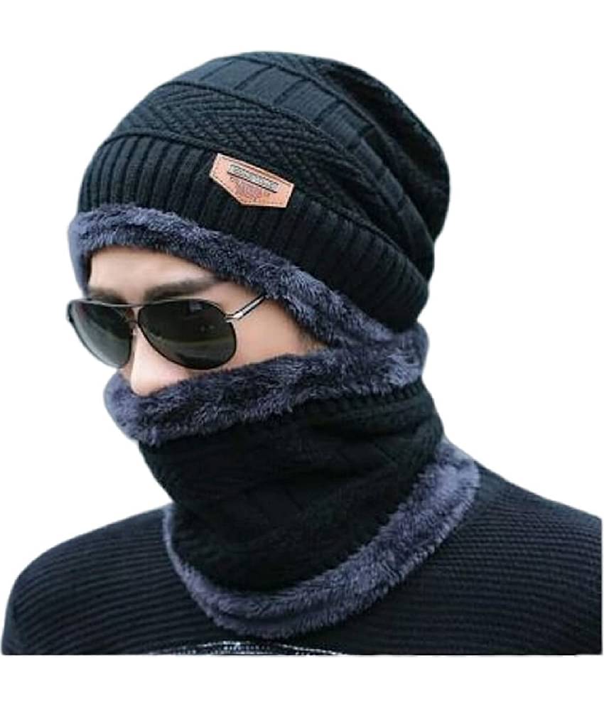 Zacharias Men's Woolen Cap with Neck Muffler/Neckwarmer Set of 2 Free Size
