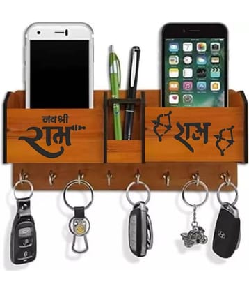 Big Boss Enterprises Jai Shree Ram Dhanush Bann with 2 Pocket Mobile Holder, Pen Stand Wood Key Holder Stand (8 Hooks, Brown)