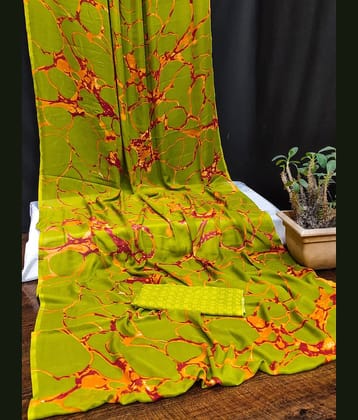Kanooda Prints Georgette Printed Saree With Unstitched Blouse Piece ( Green )