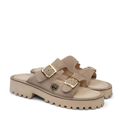 Beige Chunky Sole Slide-in Slippers in Suede Leather-40/6