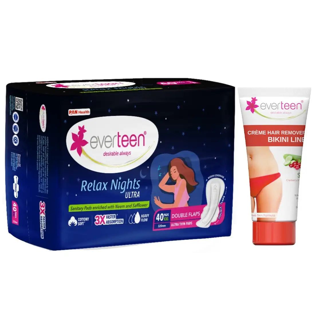 everteen Relax Nights Ultra 40 Pads and Silky Bikini Line Hair Remover Cream 50g