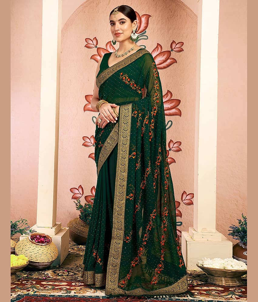 Samah Georgette Embroidered Regular Saree With Unstitched Blouse Piece ( Green )