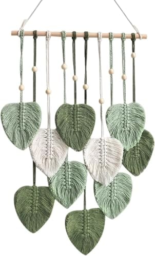 Wall Hanging Boho Handmade Wall Decor Feather Tapestry with Wooden Beads and Green Leaves Chic Boho Wall Art Decor