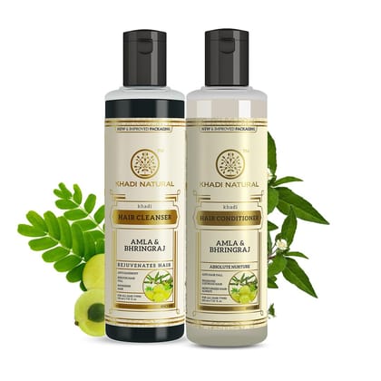 Khadi Natural Amla & Bhringraj Hair Cleanser & Conditioner Combo Pack 210ml each | Control Dandruff & Hair fall | Reducing Scalp Irritation | 420ml Khadi Natural Amla & Bhringraj Hair Cleanser & Conditioner Combo Pack 210ml each | Control Dandruff & Hair