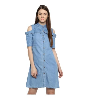 Women's Denim Solid Cold Shoulder Above Knee Dress (Blue, L)-PID55743 Women's Denim Solid Cold Shoulder Above Knee Dress (Blue, L)-PID55743