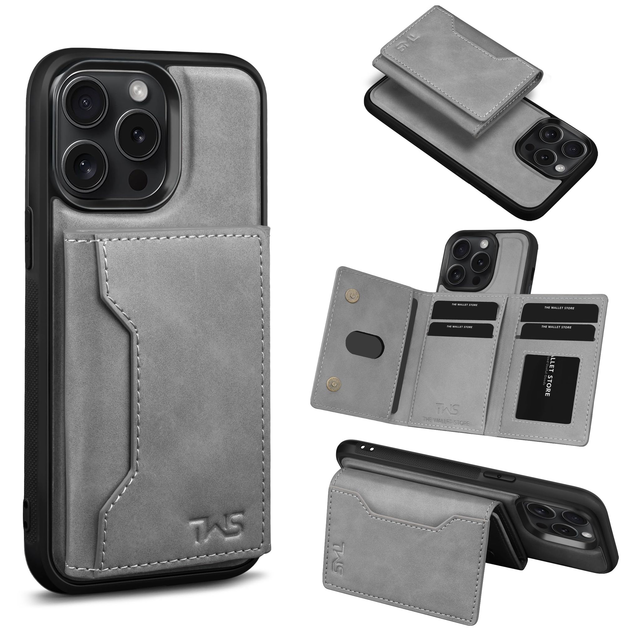 The Wallet Store Premium Leather iPhone Case Cover With Detachable Cardholder - Gey - iPhone 14 Pro