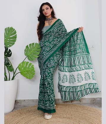 Samah Cotton Printed Ready to Wear Saree With Unstitched Blouse Piece ( Green )