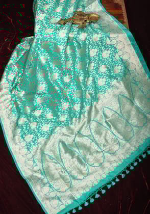 Banarasi Katan Silk Saree in Cyan with arched border and Pallu | SILK MARK CERTIFIED