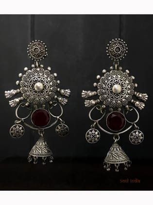 Copper & German Silver Earrings With Meenakari Work