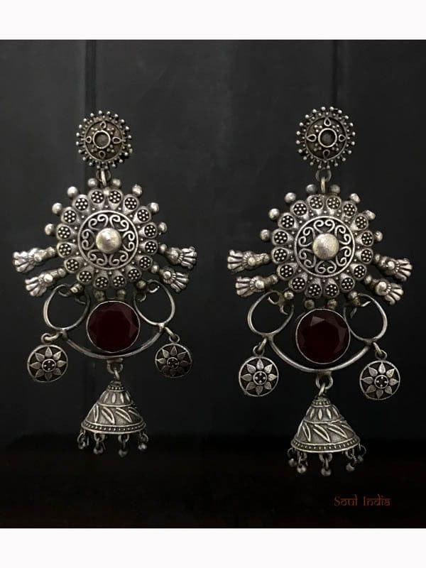 Copper & German Silver Earrings With Meenakari Work