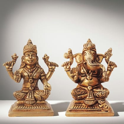 Brass Laxmi Ganesh Pair Idol Statue | Traditional Brass Puja Set, Height : 4.2 Inch (BSMAS1335)