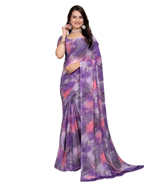Generic Women's Georgette Printed Saree with Unstitched Blouse Piece, Soft Lightweight 5.5 m Sari for Daily, Office and Wear (Purple-Pink, Design 67585)