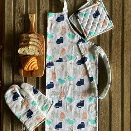 Combo Set of Cat Print Apron, Microwave Oven Mittens & Pot Holders