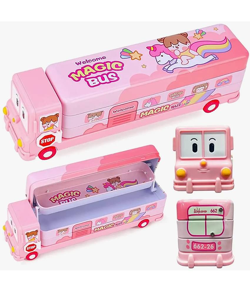 YESKART-Cartoon Printed School Bus Metal Pencil Box With Moving Tyres And Sharpener For Kids -