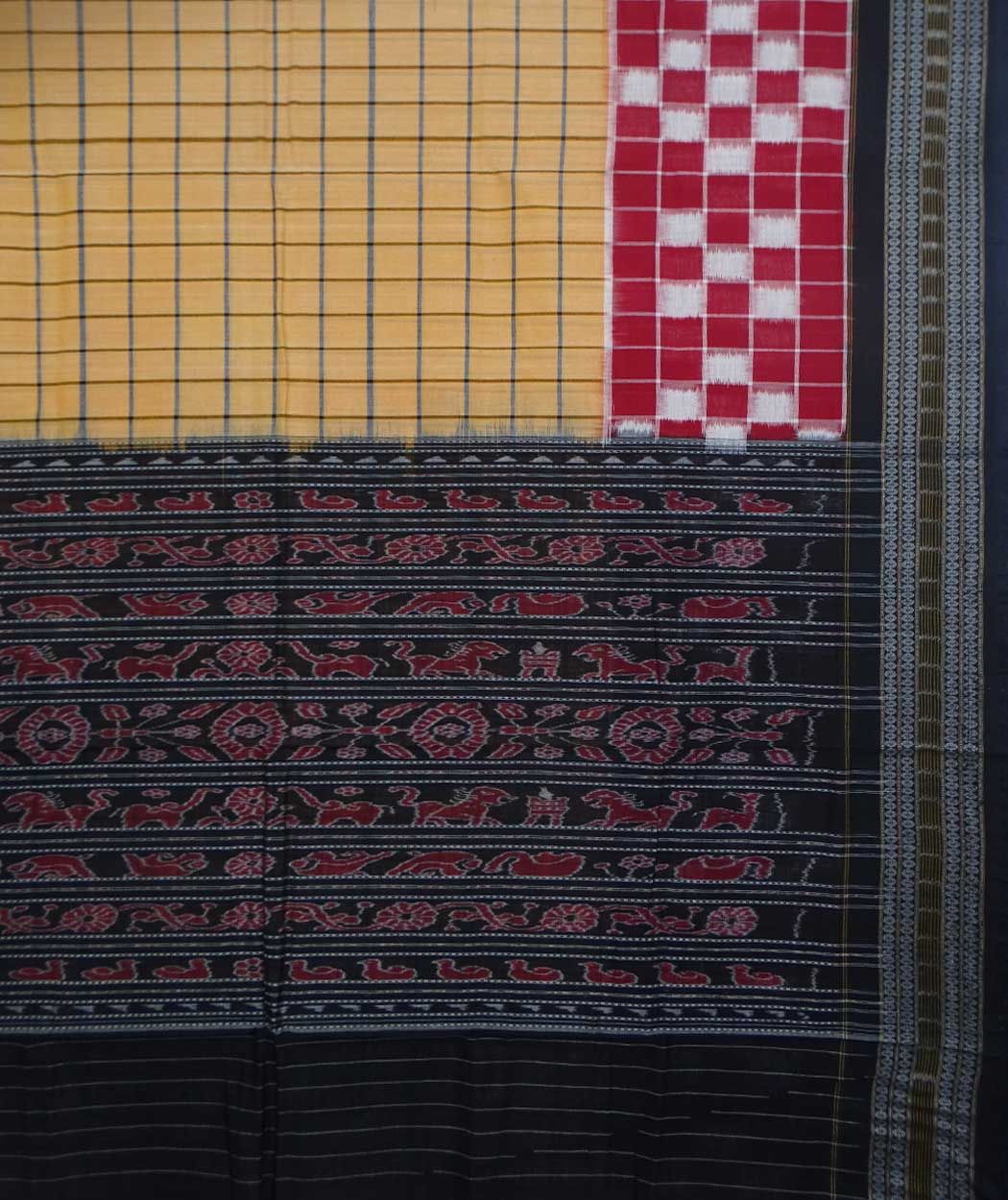 Brown, red and black handwoven sambalpuri cotton saree