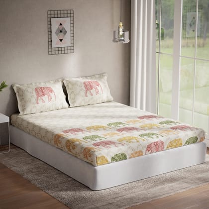 DDECOR - Sigma Collection 100% Cotton Ethnic Pattern 136TC Queen Bedsheet |224 CM X 254 CM| Yellow