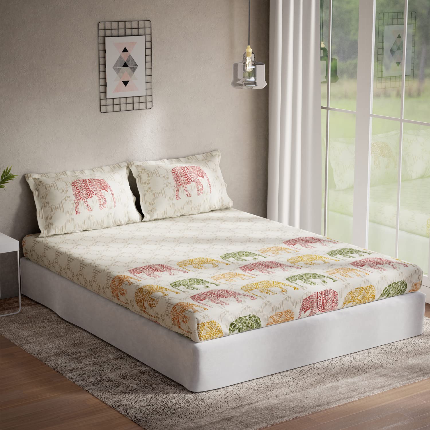 DDECOR - Sigma Collection 100% Cotton Ethnic Pattern 136TC Queen Bedsheet |224 CM X 254 CM| Yellow