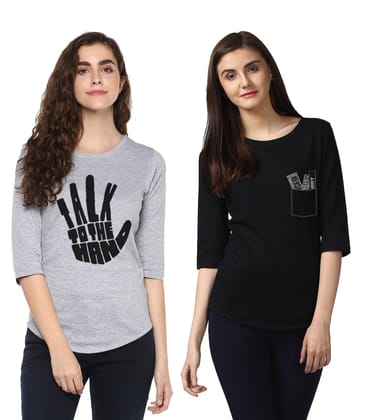 Young Trendz Womens Combo 3/4th Sleeve Talk Printed Grey Color and Chocolate Printed Black Color Tshirts-Grey/Black / Small / 100% Bio Wash Cotton