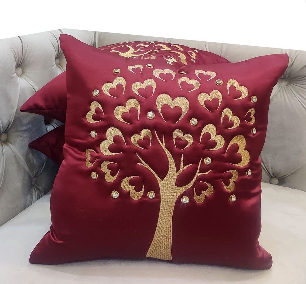 GOODVIBES Maroon Red Gold Embroidered Velvet Cushion Case Luxury Modern Throw Pillow Cover Decorative Pillow for Couch Living Room Bedroom Car| 16X16 Inches | 40cm * 40 cm I Set of 3|